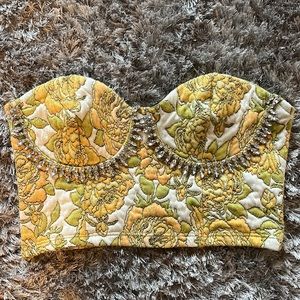 Zara Diamond Crop Top Bustier Yellow Green Ivory size Large with side zipper.